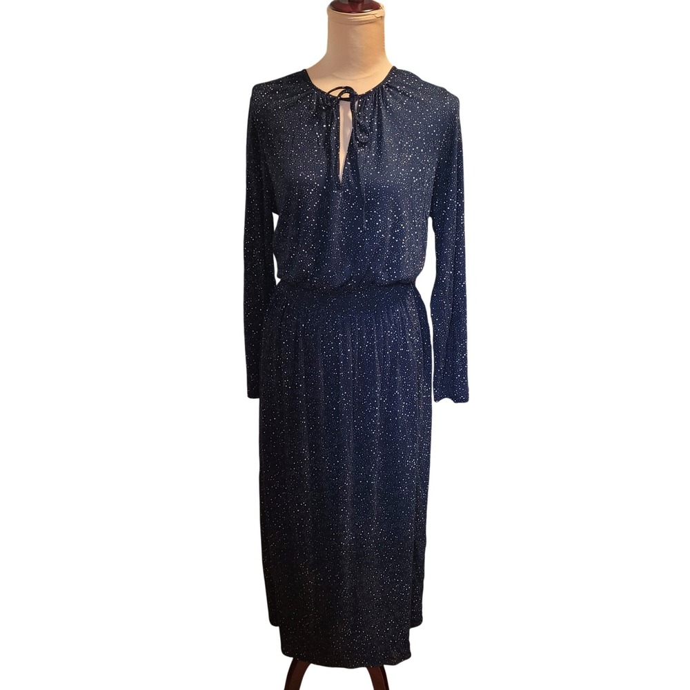The‎ White Company Navy Stardust Viscose Jersey Midi Dress Smocked Waist Luxury